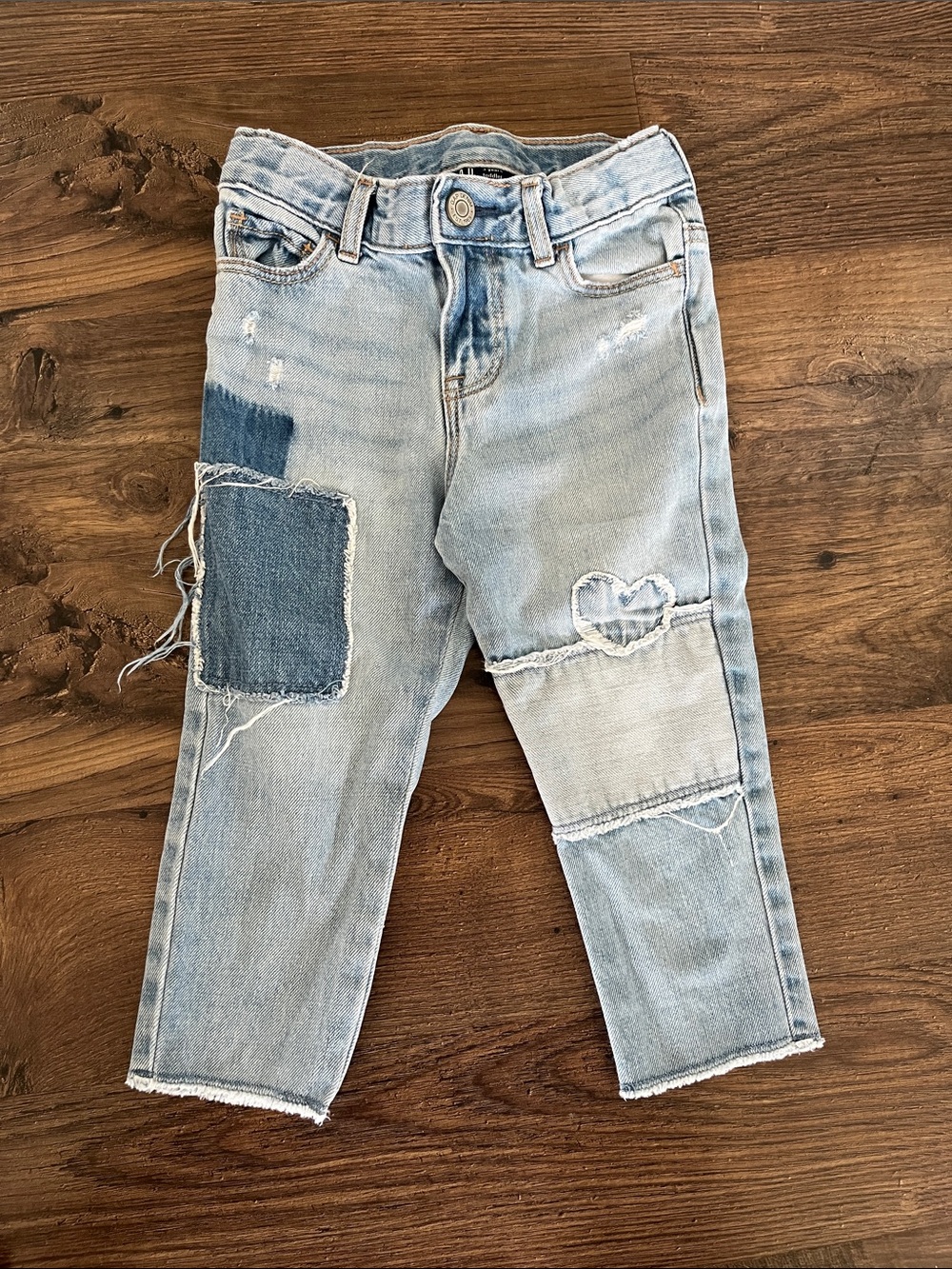 GAP Kids Light Wash Patchwork Jeans |  Distressed Raw Hem Toddler Denim